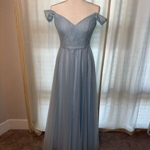 Azazie Blue Ruched Off-Shoulder Gown